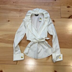 BCBGMaxAzria white ruffle collar woven cotton wrap blouse